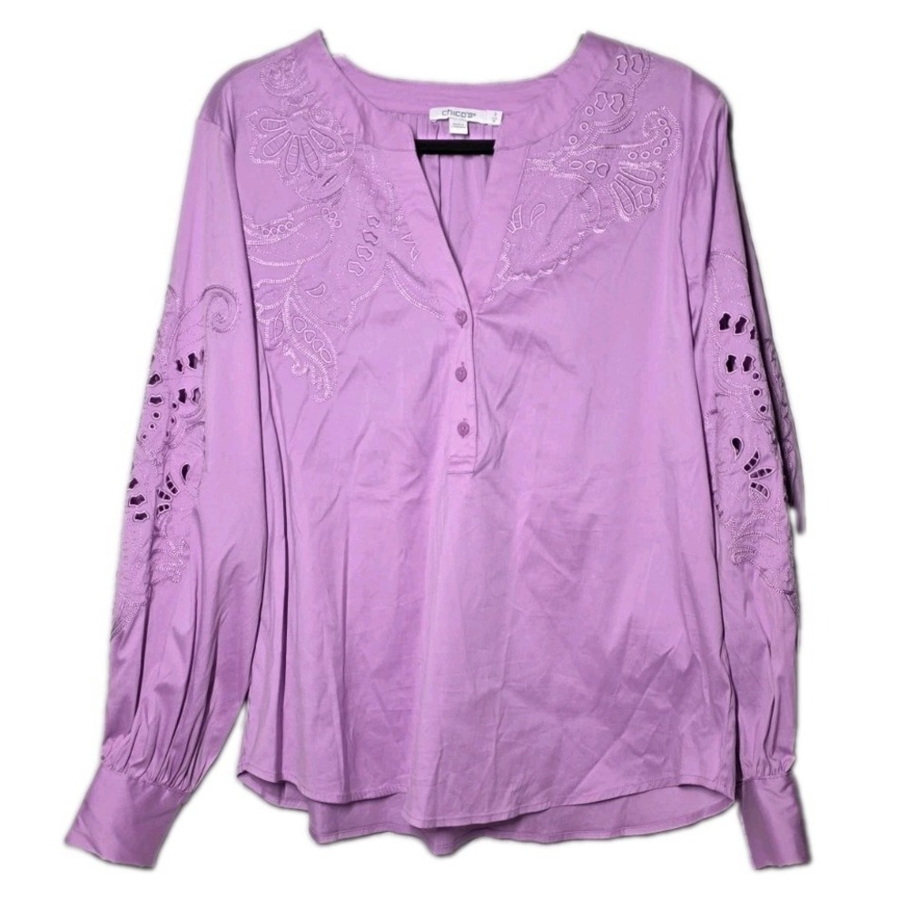 Chicos Womens Lilac Floral Cutout Embroidered Button up Blouse SZ 2 (12)